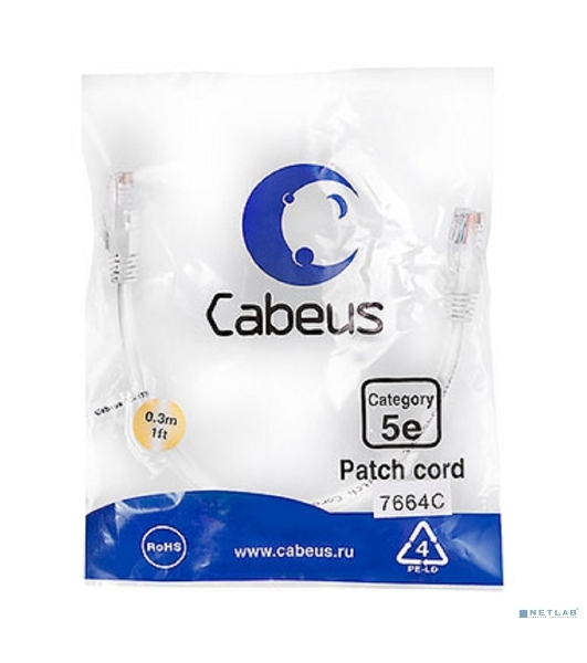 Патч-корд Cabeus, Cat.5e, неэкр., U/UTP, RJ45/RJ45, LSZH, AWG24, 0.3м, белый