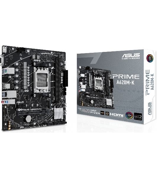 Материнская плата ASUS PRIME A620M-K, AM5, AMD A620, 2xDDR5, 4xSATA, 1xM.2, 1xPCI-E 4.0 x16, 1xPCI-E x1, 1xHDMI, 1xVGA, 1x 1Gb LAN, 4xUSB-A 3.2 Gen 1, 2xUSB-A 2.0, 3x3.5 мм, 7.1, Micro-ATX