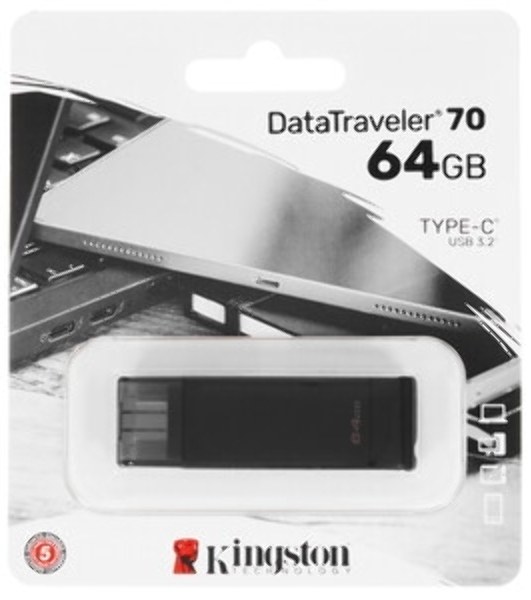 Флешка USB Kingston DataTraveler DT70 (DT70/64Gb), 64Gb, USB Type-C 3.2, R/W 70/45, черный