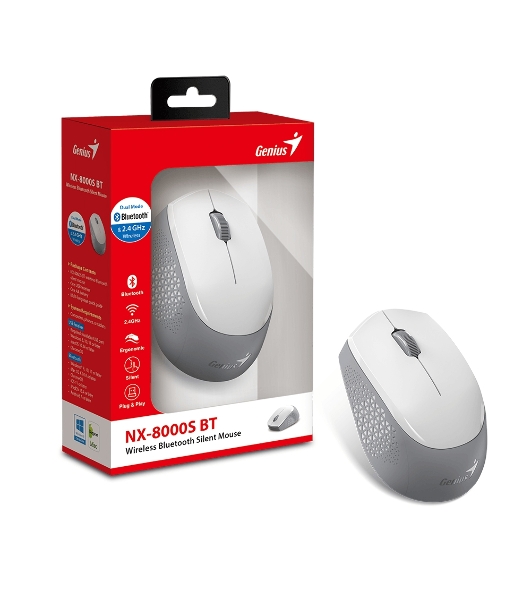 Мышь беспроводная Genius NX-8000S BT белый, 1200 dpi, радиоканал, Bluetooth, USB, кнопки - 3