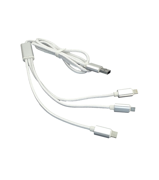 Кабель для зарядки USB (3-в-1) (Apple Lightning 8Pin, USB Type-C, USB-Micro) ШНУРОК. 1m. белый
