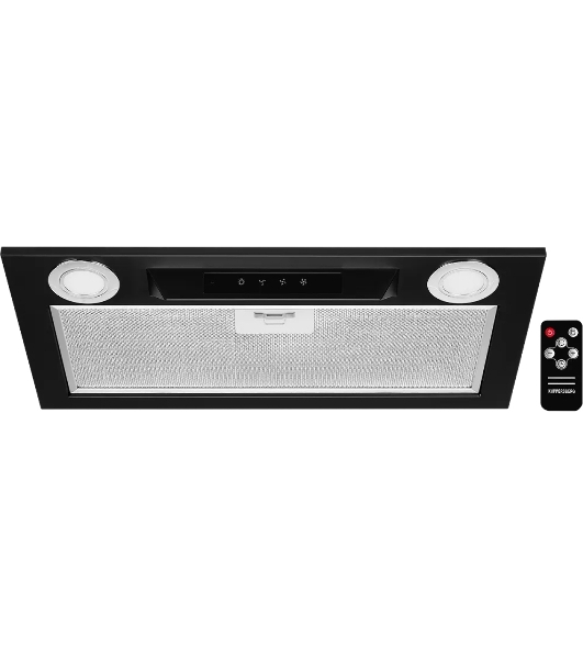 Вытяжка встраиваемая Kuppersberg INLINEA 52 Black, ширина 52 см, отвод/рециркуляция, 850 м3/час, электронное сенсорное управление, таймер, пульт ДУ, 3 скорости, светодиодное освещение 2х3,5 Вт, металлический жироулавливающий фильтр, угольный фильтр С6С (опция), 42 дБ, черный