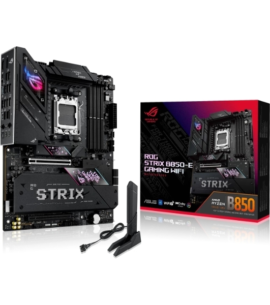 Материнская плата ASUS ROG STRIX B850-E GAMING WIFI, AM5, AMD B850, 4xDDR5, 4xSATA, 5xM.2, 1xPCI-E 5.0 x16, 1xPCI-E 4.0 x16, 1xRealtek 5Gb Ethernet, 1xUSB-C 4, 1xUSB-C 20Gbps, 6xUSB-A 10Gbps, 4xUSB-A 2.0, 3x3.5 мм, 7.1, ATX