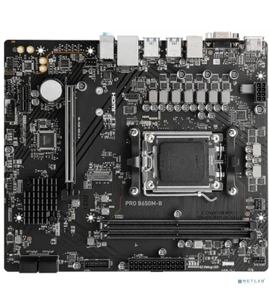 Материнская плата MSI PRO B650M-B, AM5, AMD B650, 2xDDR5, 4xSATA, 1xM.2, 1xPCI-E 4.0 x16, 1xPCI-E 4.0 x1, 1xHDMI, 1xVGA, 1x2.5Gb LAN, 2xUSB 2.0, 4xUSB 3.2 Gen 1, 3x3.5 мм, 7.1, Micro-ATX