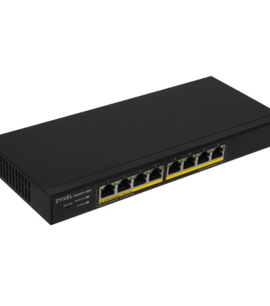 Коммутатор гибридный Smart L2 PoE+ Zyxel NebulaFlex GS1915-8EP, 8xGE PoE+, бесшумный (без вентилятора), бюджет PoE 60 Вт, автономное/облачное управление