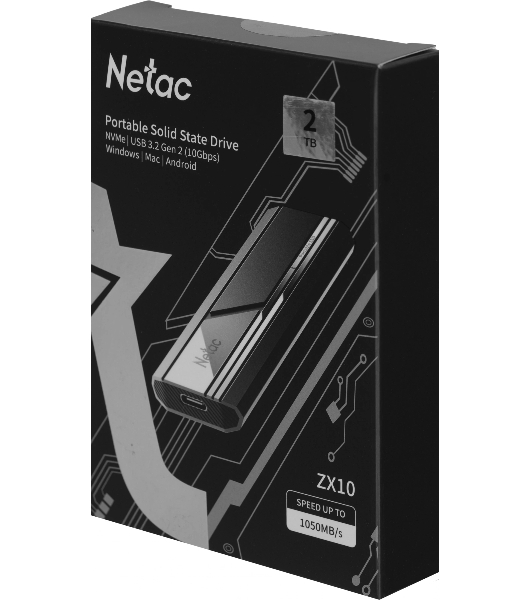 Внешний SSD Netac ZX10, 2TB, USB 3.2 Gen 2 Type-C, R/W 1050/1050, черный