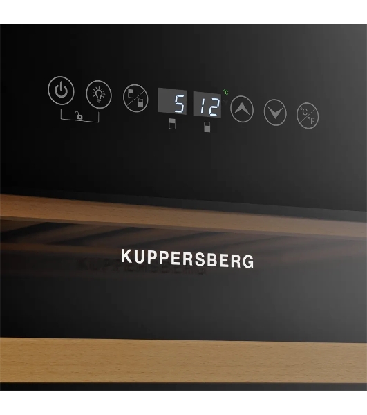 Винный шкаф Kuppersberg RBW 86, встраиваемый, High-Tech, объем 129 л, вместимость 46 бутылок, диапазон температуры 5-22 градусов, сенсорное открытие двери, 4 полки из бука, LCD дисплей, уровень шума 40 дБ, черный