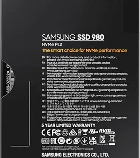 Накопитель SSD Samsung 980, 250Gb, PCIe 3.0 x4, M.2 2280, NVMe, R/W 2900/1300