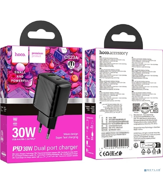 Сетевое зарядное устройство Hoco 30Вт, 3А, QC3.0/PD, 1хUSB, 1хType-C, CS23A, черный, коробка