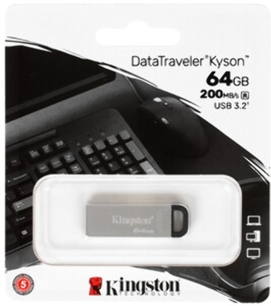 Флешка USB Kingston DataTraveler KYSON (DTKN/64GB), 64Gb, USB 3.2 Gen 1, R/W 200/60, серебристый/черный