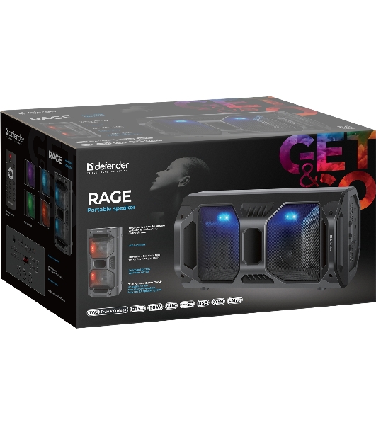 Портативная акустика Defender Rage 50 Вт Light/BT/FM/USB/LED/TWS черный