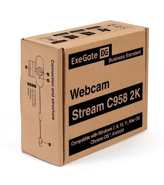 Веб-камера ExeGate Stream C958 2K 2560x1440, 30 кадр/с, USB Type-A, микрофон (шумоподавление), автоматическая фокусировка, шторка приватности, универсальное крепление