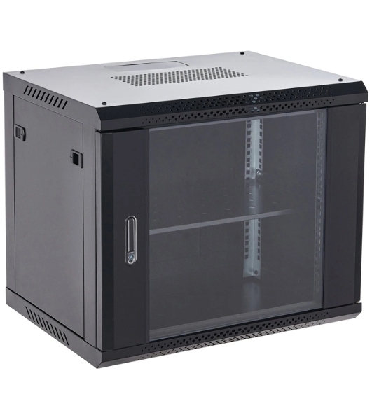 Настенный шкаф Rexant RAL 9005 19' 9U 600×450×501 (ШxГxВ), дверь стекло, металлическая задняя стенка, боковые съемные стенки
