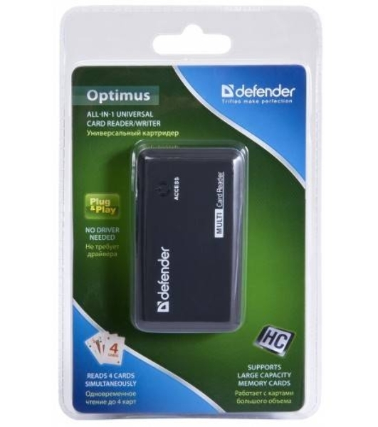 Кард-ридер Defender Optimus/черный/CF/MMC/MS/MS Duo/MS Micro M2/MS Pro/MS Pro Duo/RS-MMC/SD/SDHC/micro-SD/mini-SD/miсro-SDHC/USB 2.0 A(M)/черный