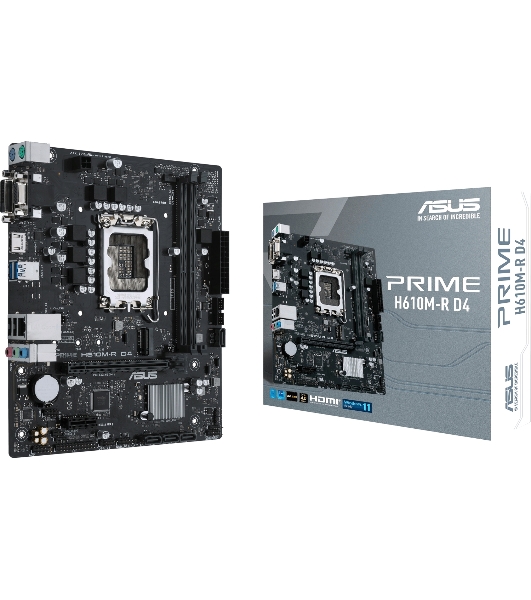 Материнская плата ASUS PRIME H610M-R D4-SI, LGA 1700, Intel H610, 2xDDR4, 4xSATA, 1xM.2 PCIe 3.0 x4, 1xPCIe 4.0 x16, 1xPCIe x1, 1xHDMI, 1xDVI, 1xVGA, 2xUSB-A 2.0, 2xUSB-A 3.2 Gen 1, 1x 1Gb LAN, 3x3.5 мм, 7.1, mATX