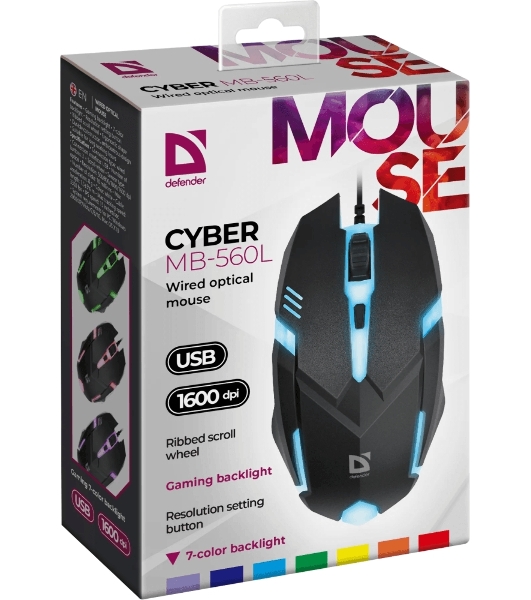 Мышь проводная Defender Cyber MB-560L черный, 1200 dpi, USB, кнопки - 3