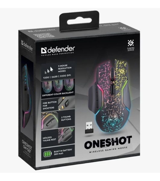 Мышь беспроводная Defender Oneshot GM-067 черный, 3200 dpi, радиоканал, USB, кнопки - 7