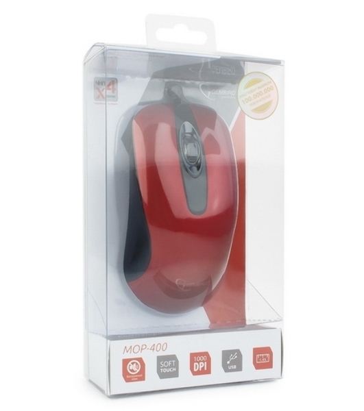 Мышь проводная Gembird MOP-400-R красный, 1000 dpi, USB, кнопки - 3