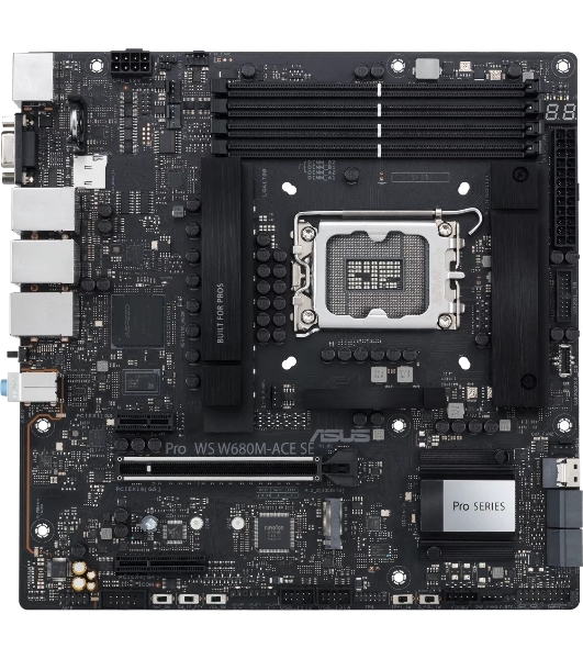 Материнская плата Asus PRO WS W680M-ACE SE, LGA1700, Intel W680, 4xDDR5, 8xSATA, 2xM.2, 1xPCIe 5.0 x16, 1xPCIe 3.0 x4, 1xPCIe 3.0 x1, 1xDP, 1xHDMI, 1xVGA, 3x2.5Gb LAN, 1xUSB-C 10Gbps, 1xUSB-A 10Gbps, 4xUSB-A 5Gbps, 3x3.5 мм, 7.1, mATX