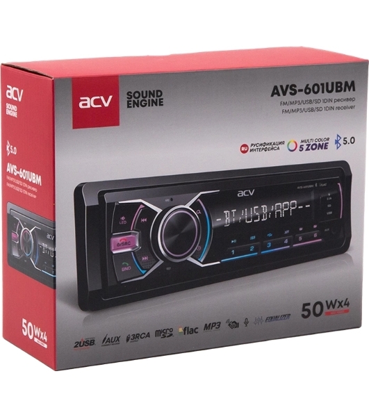 Автомагнитола ACV AVS-601UBM, 1 DIN, Bluetooth, USB Type-A, AUX, пульт ДУ