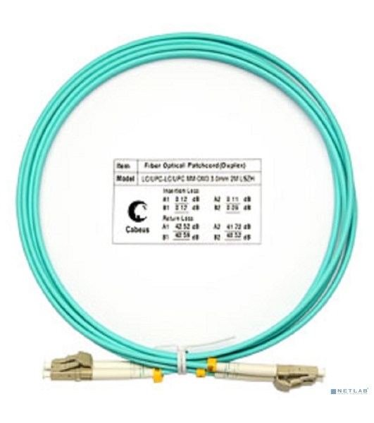 Коммутационный шнур оптический Cabeus Tight Buffer, Duplex LC/LC, OM3 50/125, LSZH, 2м, d= 3мм, серый хвостовик, аква