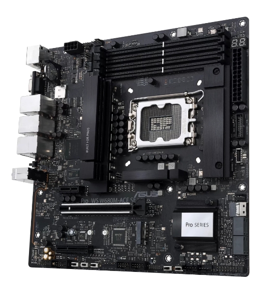Материнская плата Asus PRO WS W680M-ACE SE, LGA1700, Intel W680, 4xDDR5, 8xSATA, 2xM.2, 1xPCIe 5.0 x16, 1xPCIe 3.0 x4, 1xPCIe 3.0 x1, 1xDP, 1xHDMI, 1xVGA, 3x2.5Gb LAN, 1xUSB-C 10Gbps, 1xUSB-A 10Gbps, 4xUSB-A 5Gbps, 3x3.5 мм, 7.1, mATX