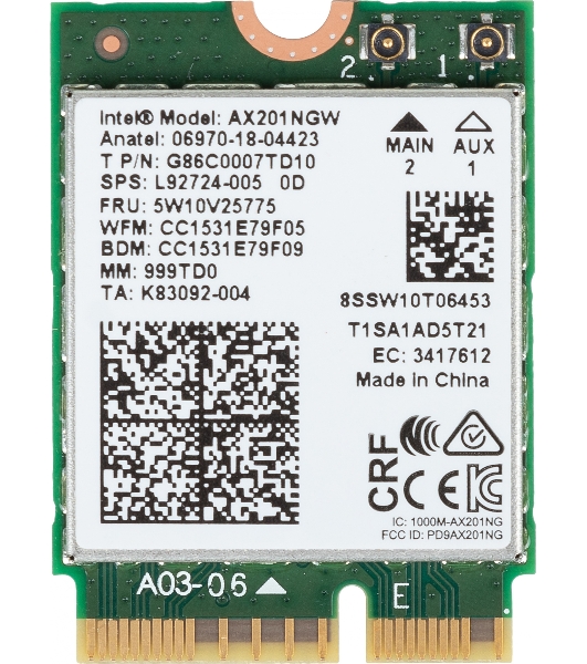 Плата сетевого контроллера Intel® Wi-Fi 6 AX201, 2230, 2x2 AX+BT, No vPro®,999TD0