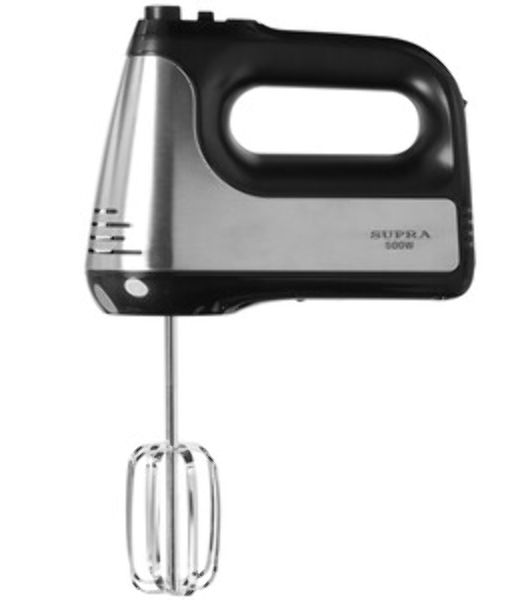 Миксер SUPRA MXS-591 500 Вт, 6 скоростей, режим Турбо, насадки для взбивания яиц и крема, насадки для замеса тяжелого теста, корпус металл/пластик, черный)
