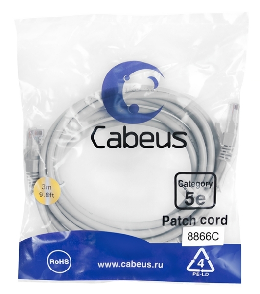 Шнур коммутационный Cabeus, Cat.5e, неэкр., U/UTP, RJ45/RJ45, LSZH, AWG24, 3м, серый