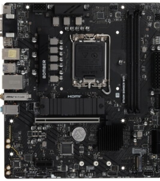 Материнская плата MSI B760M BOMBER WIFI, LGA 1700, Intel B760, 2xDDR5, 4xSATA, 2xM.2, 1xPCIe 4.0 x16, 1xPCIe x1, 1xVGA, 1xHDMI, 1xDP, 1x2.5Gb LAN, Wi-Fi 6E, Bluetooth 5.3, 4xUSB-A 5Gbps, 2xUSB-A 2.0, 1xPS/2, 3x3.5 мм, 7.1, чёрный, mATX