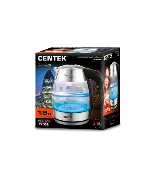 Чайник электрический Centek CT-0059 London, стекло, 1.8л, 2200Вт, LED-подсветка, отделка нерж.