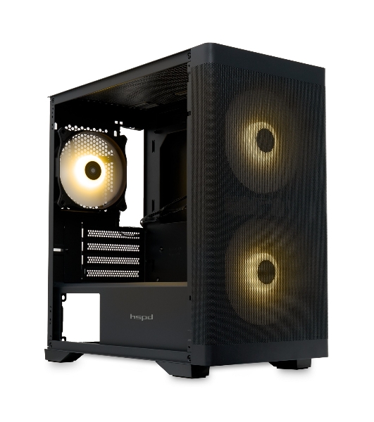 Компьютерный корпус без блока питания HSPD M320, Mesh Mini-tower, черный, slide TG, 0.45 SPCC, 2x140мм ARGb+1x120мм ARGb mATX, mITX 160/340/184мм 2x2.5', 2x3.5', 4xPCI 2xUSB-A 3.0, 1xUSB-A 1.0 390x200x385мм
