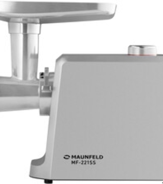 Мясорубка электрическая Maunfeld MF-221SS серый, 1800 Вт, 2.0 кг/мин, реверс, защита от перегрузки, насадки - 4