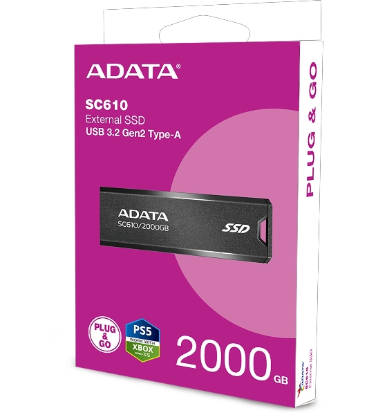 Внешний SSD ADATA SC610, 2TB, USB 3.2 Gen 2 Type-A, R/W 550/500, черный