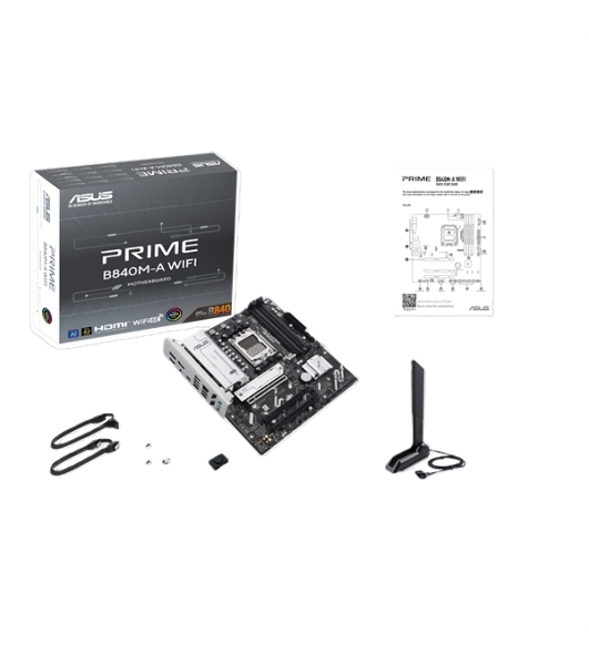 Материнская плата ASUS PRIME B840M-A WIFI, AM5, AMD B840, 4xDDR5, 4xSATA III, 3xM.2, 1xPCIe 4.0 x16, 2xPCIe 3.0 x16 (x1), 2xDP, 1xHDMI, 1x 2.5Gb LAN, Wi-Fi 6E, 2xUSB-A 10Gbps, 1xUSB-C 5Gbps, 4xUSB-A 2.0, 3x3.5 мм, 7.1, micro-ATX