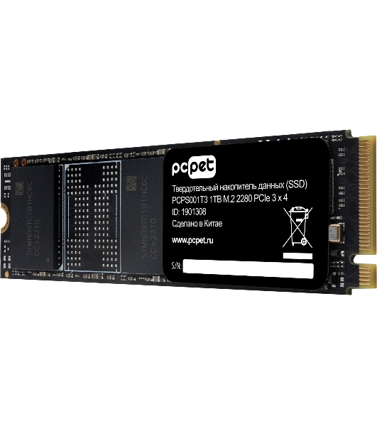 Накопитель SSD PC PET PCPS001T3, 1Tb, PCIe 3.0 x4, M.2 2280, NVMe, R/W 2000/1600