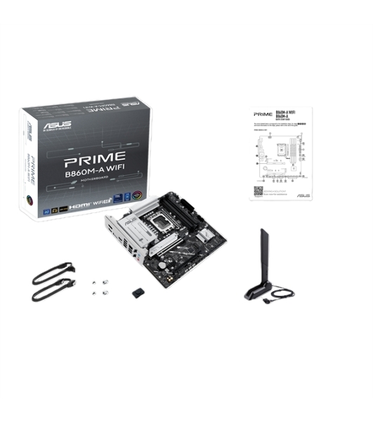 Материнская плата ASUS PRIME B860M-A WIFI, LGA 1851, Intel B860, 4xDDR5, 4xSATA, 2xM.2, 1xPCIe 5.0 x16, 1xPCIe 4.0 x16, 1xPCIe 4.0 x1, 2xDP, 1xHDMI, 1x 2.5Gb LAN, 1xUSB-C 20Gbps, 1xUSB-A 10Gbps, 2xUSB-A 5Gbps, 4xUSB-A 2.0, 3x3.5 мм, 7.1, micro-ATX.