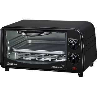 Мини печь Sakura SA-7018B черный, 10 л, мощность 1000 Вт, 2 кварц.нагреват.элемента, регулировка температуры 100-250С, 30-минутный таймер со звонком, световой индикатор работы, противень, решетка