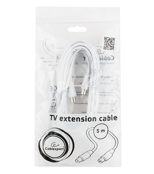 Кабель телевизионный Cablexpert, CCV-515-W-5M, Coaxial M/F, белый, 5м