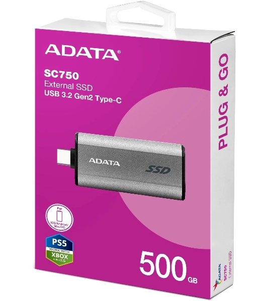 Внешний SSD ADATA SC750, 500Gb, USB 3.2 Gen 2 Type-C, R/W 1050/1000, черный