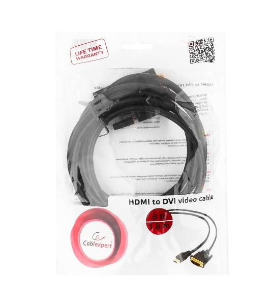 Кабель HDMI-DVI Cablexpert CC-HDMI-DVI-6, 19M/19M, single link, медь, позол.разъемы, экран, 1.8м, черный, пакет