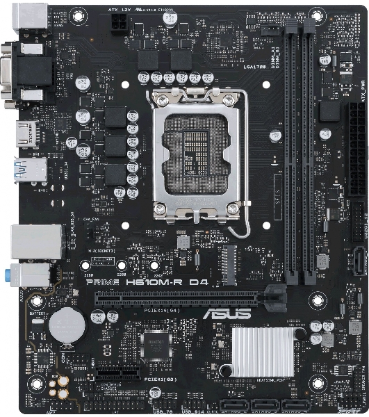 Материнская плата ASUS PRIME H610M-R D4-SI, LGA 1700, Intel H610, 2xDDR4, 4xSATA, 1xM.2 PCIe 3.0 x4, 1xPCIe 4.0 x16, 1xPCIe x1, 1xHDMI, 1xDVI, 1xVGA, 2xUSB-A 2.0, 2xUSB-A 3.2 Gen 1, 1x 1Gb LAN, 3x3.5 мм, 7.1, mATX