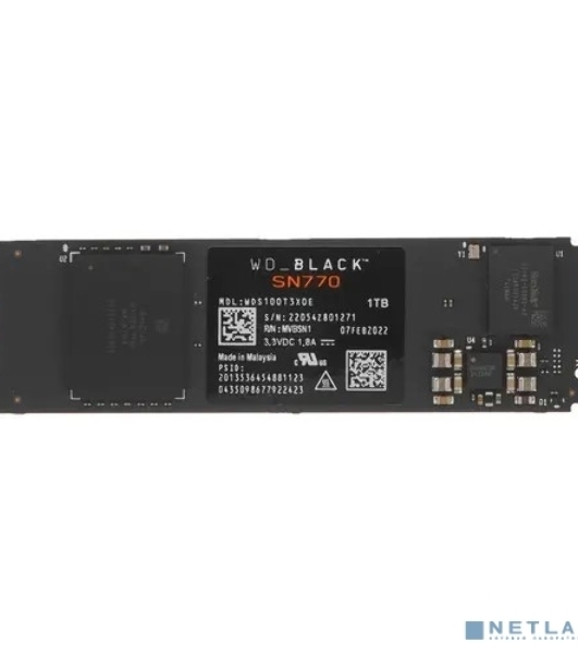 Накопитель SSD WD Black SN770 NVMe, 1.0Tb, M.2(22x80мм), NVMe, PCIe 4.0 x4, 3D TLC, R/W 5150/4900Mb/s, IOPs 740 000/800 000, TbW 600, DWPD 0.3 (12 мес.)