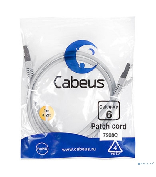Шнур коммутационный Cabeus, cat.6, экр., F/UTP, RJ45/RJ45, LSZH, AWG24, 1м, серый