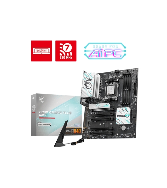 Материнская плата MSI B840 GAMING PLUS, Socket AM5, AMD B840, 4xDDR5, 4xSATA, 2xM.2, 1xPCI-E 4.0 x16, 1xPCI-E 3.0 x4, 3xPCI-E 3.0 x1, 1xHDMI, 1x 2.5Gb LAN, 4xUSB-A 2.0, 2xUSB-A 5Gbps, 1xUSB-C 5Gbps, 1xUSB-A 10Gbps, 1xUSB-C 10Gbps, 3x3.5 мм, 7.1, ATX