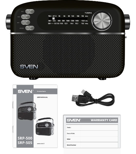 Радиоприемник SVEN SRP-505 (4 Вт, FM/AM/SW, USB, SD/microSD, Bluetooth, 1200 мА·ч)черный