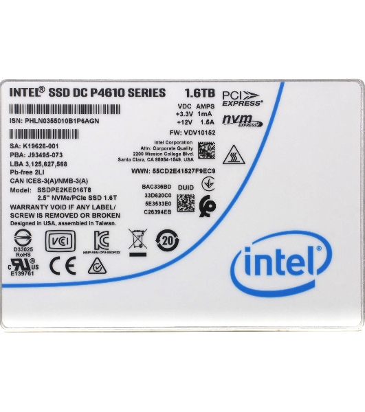 Накопитель SSD Intel DC P4610, 1.6Tb, U.2, PCIe 3.0 x4, NVMe, 2.5', R/W 3200/2080