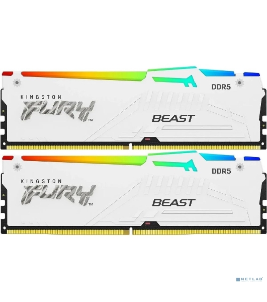 Оперативная память Kingston Fury Beast, DDR5, 32Gb (2x16Gb), 5200MHz, CL40, DIMM, с радиаторами, RGB, белый