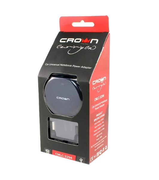Зарядное устройство для ноутбука CROWN USB CMLC-3294 черный (Автомобильное 12V, 90W 15-20V, порт USB 5V 2.1A)