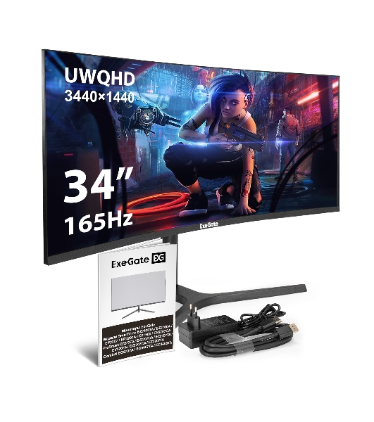 Монитор 34' ExeGate Combat EC3407TA VA 3440x1440, 165 Гц, 1 мс, 21:9, 300 кд/м², HDMI 2.0, DP 1.2, 3.5 Jack, FreeSync, изогнутый экран (1800R), черный